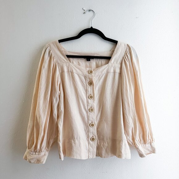 J. CREW Squareneck Button-Front 100% Linen Top Baloon Sleeve in Palest Peach - Picture 2 of 8